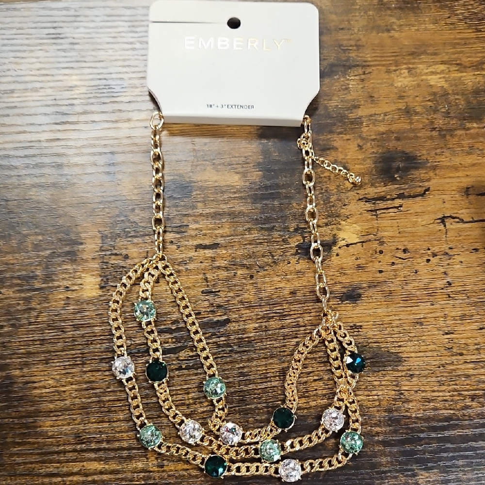 Emberly Gold-Tone Layered Necklace with Green and Clear Stones